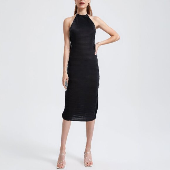 JUST Female Asta Ribbed Pencil Dress Halter Stretch High Neck Knee Length Black - Picture 1 of 12